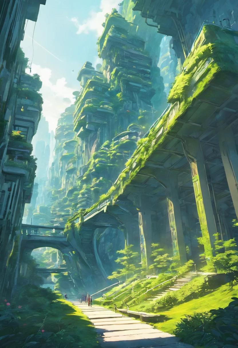 multicolor, surreal, masterpiece, countryside, Futuristic design of an awesome sunny day environment concept art on a futuristic forest terrain with huge waterfalls, streams, orchids, landscaped, aesthetics, nature architecture, proportional, detailed, blueprint, bright clouds, nature meets futuristic architecture by Santiago Calatrava and Vincent Callebaut with Wes Anderson village, residential area, futuristic development, high rise made up staircases, balconies, full of composite glass facades, residential spaces carved from cliff side ,trending on artstation, beautiful lighting,In the style of Andreas Achenbach and Norman Ackroyd masterpiece, fantasy, intricate, award winning, 4k, highest quality