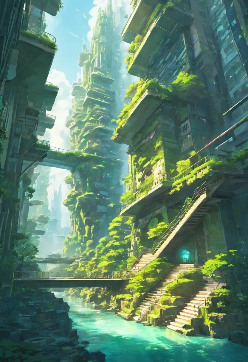 multicolor, surreal, masterpiece, countryside, Futuristic design of an awesome sunny day environment concept art on a futuristic forest terrain with huge waterfalls, streams, orchids, landscaped, aesthetics, nature architecture, proportional, detailed, blueprint, bright clouds, nature meets futuristic architecture by Santiago Calatrava and Vincent Callebaut with Wes Anderson village, residential area, futuristic development, high rise made up staircases, balconies, full of composite glass facades, residential spaces carved from cliff side ,trending on artstation, beautiful lighting,In the style of Andreas Achenbach and Norman Ackroyd masterpiece, fantasy, intricate, award winning, 4k, highest quality