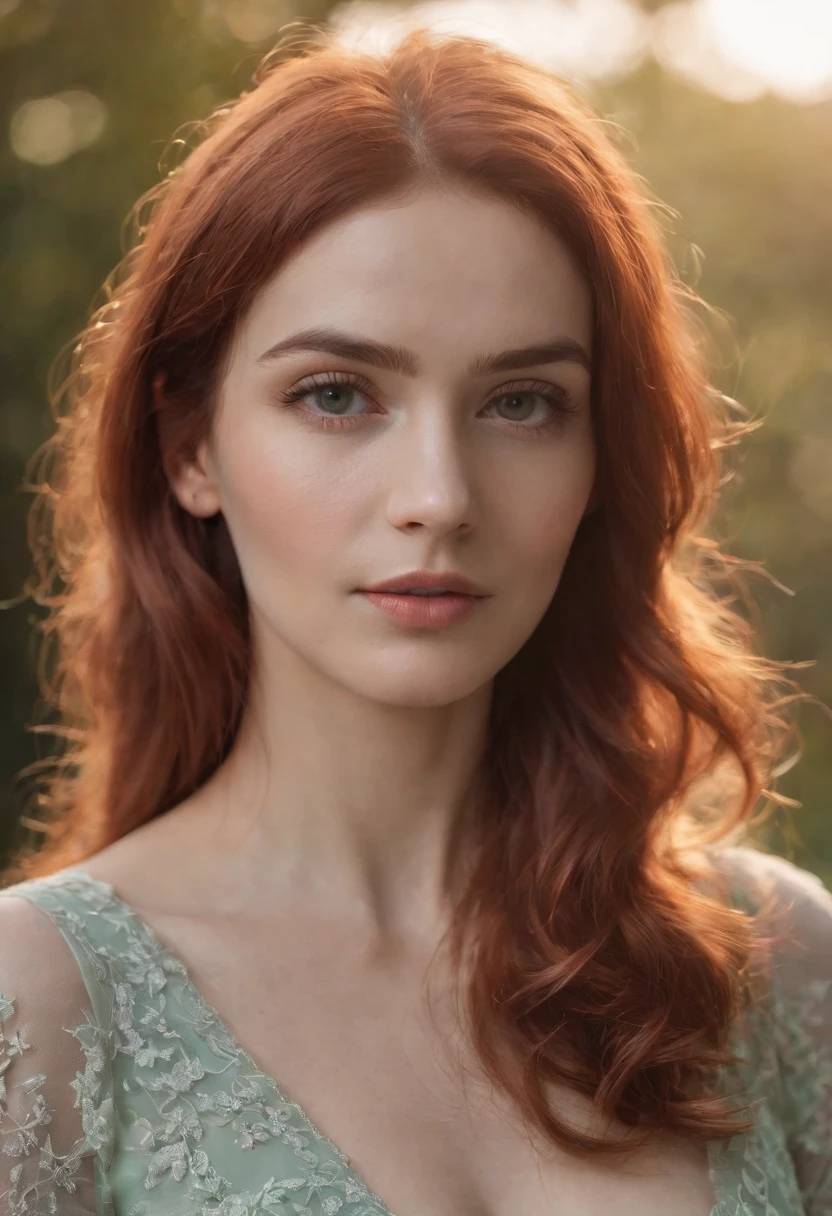 4k, 8k, master part, best quality, parte superior do corpo, 1girl, Olhando para o Viewer, red hair, medium hair, Olhos verdes, A atriz tem 23 anos, busto aberto, Um rapaz, jardim, animais, Isso