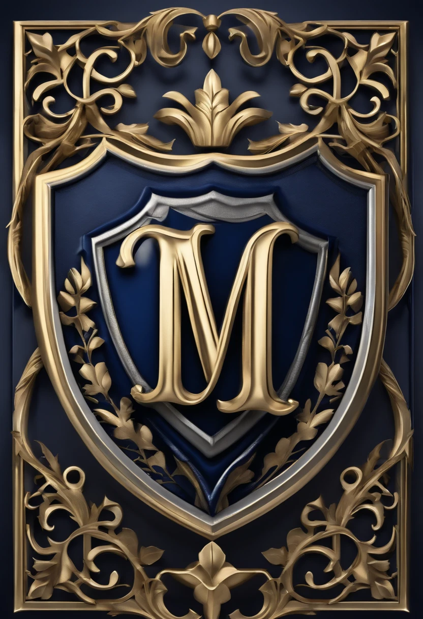 3d logo in an illustration that has the letter M in gothic style with a cross embedded in the middle fold of the interlocking foliage ornaments forming a medieval shield or on a medieval shield in navy blue, silver and gold