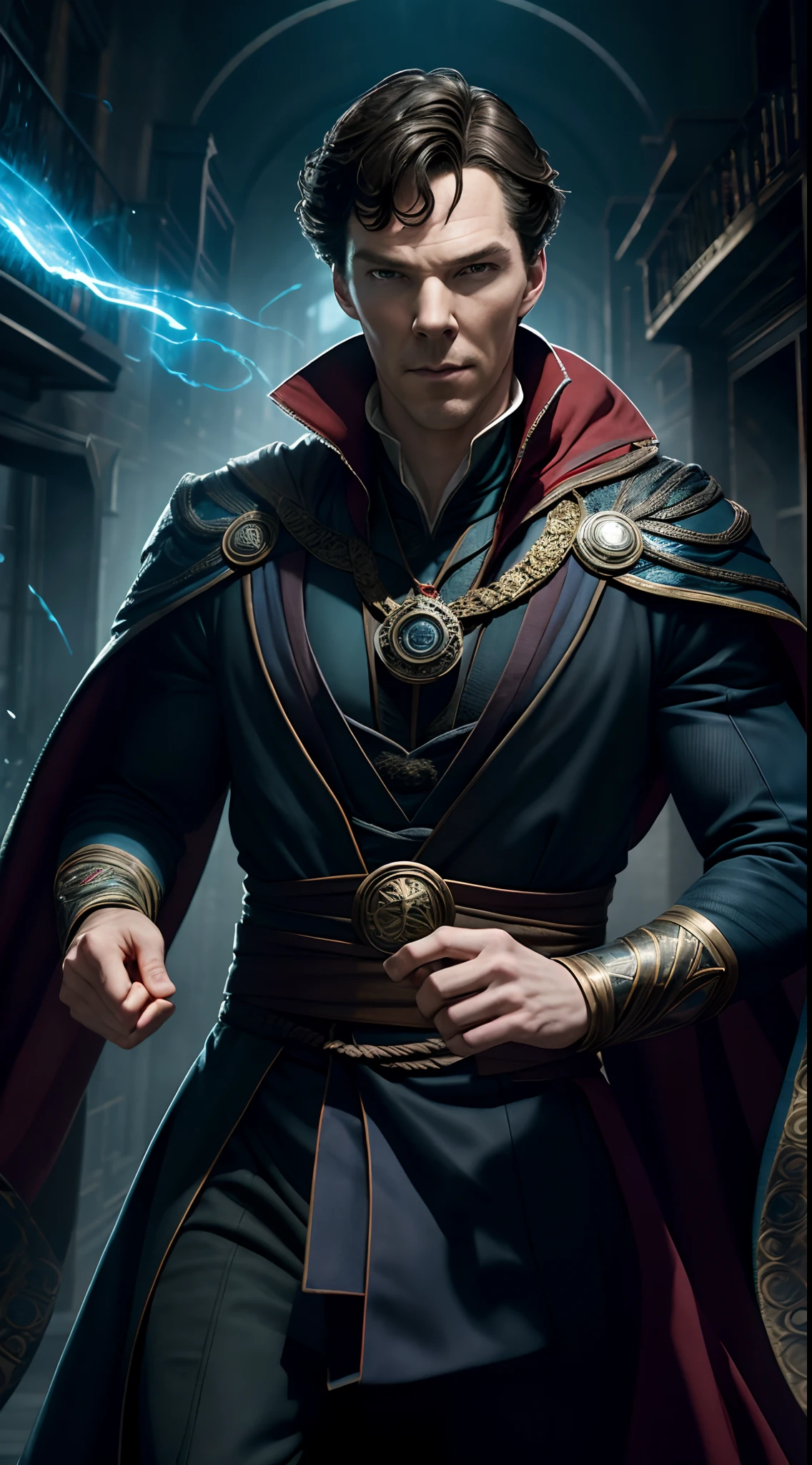 Benedict Cumberbatch is Doctor Strange, marvel ,Bodybuilder, super strong, muscular, ABS, psychotechnical background, 35mm lens, photography, ultra details, HDR, UHD,8K