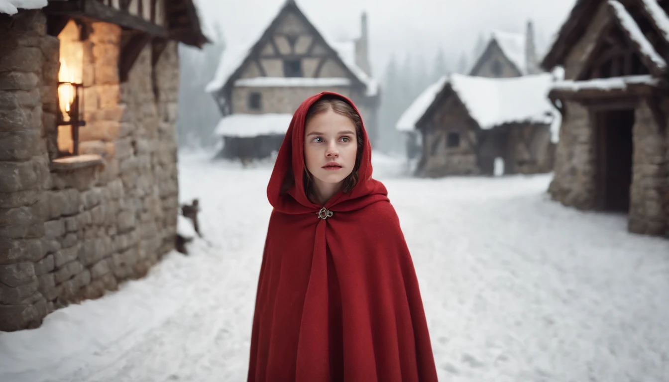 ue,Medieval cityscape,Stone House,snowscape,Little Red Riding Hood  Girl