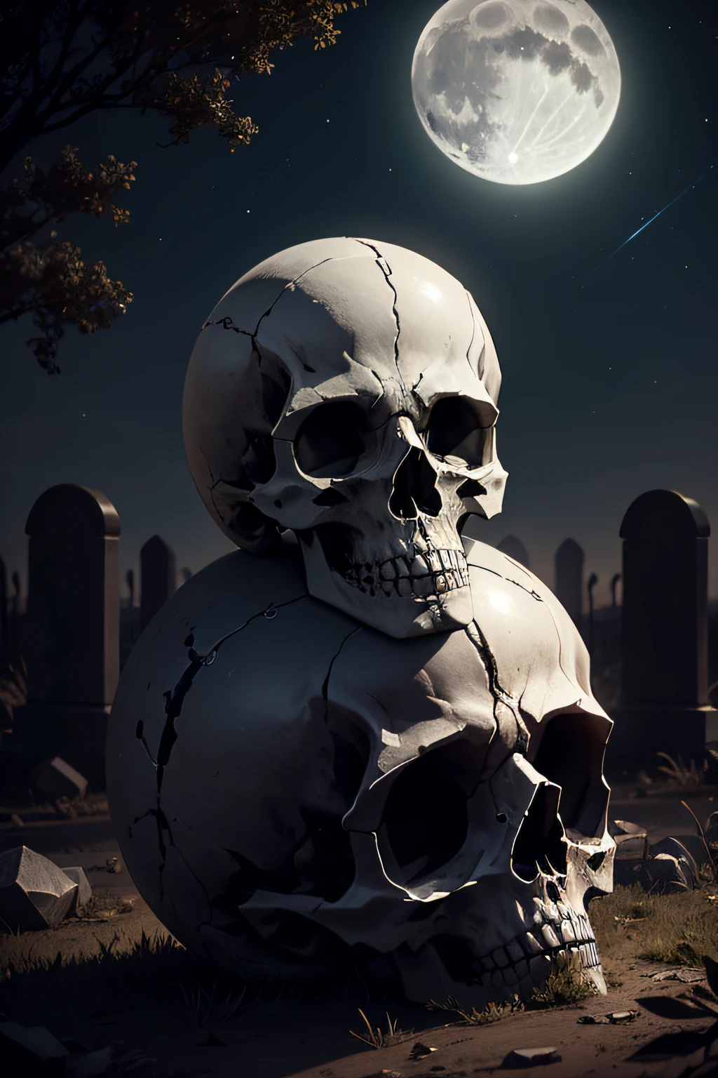 Create an image of some skulls talking on the side of a tomb, it's a moonlit night in an abandoned cemetery