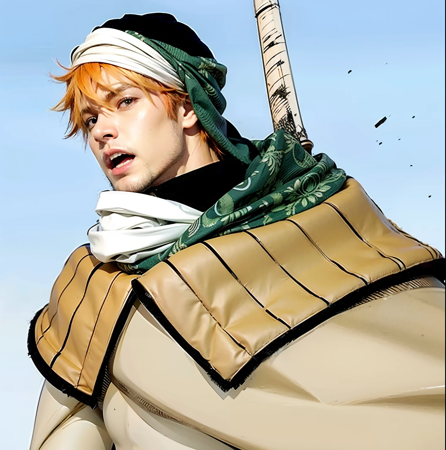a handsome male anime character with orange hair and a sword and a cape wearing a green turban on his head, close-up!!!!!, full body close-up shot, high quality, [:intricate details:1.0], realistic:1.3, ultra realistic, real life, live action, photo realistic, 4K, high resolution, photo-realistic:1.3, brown eyes, realistic clothes, no facial hair,