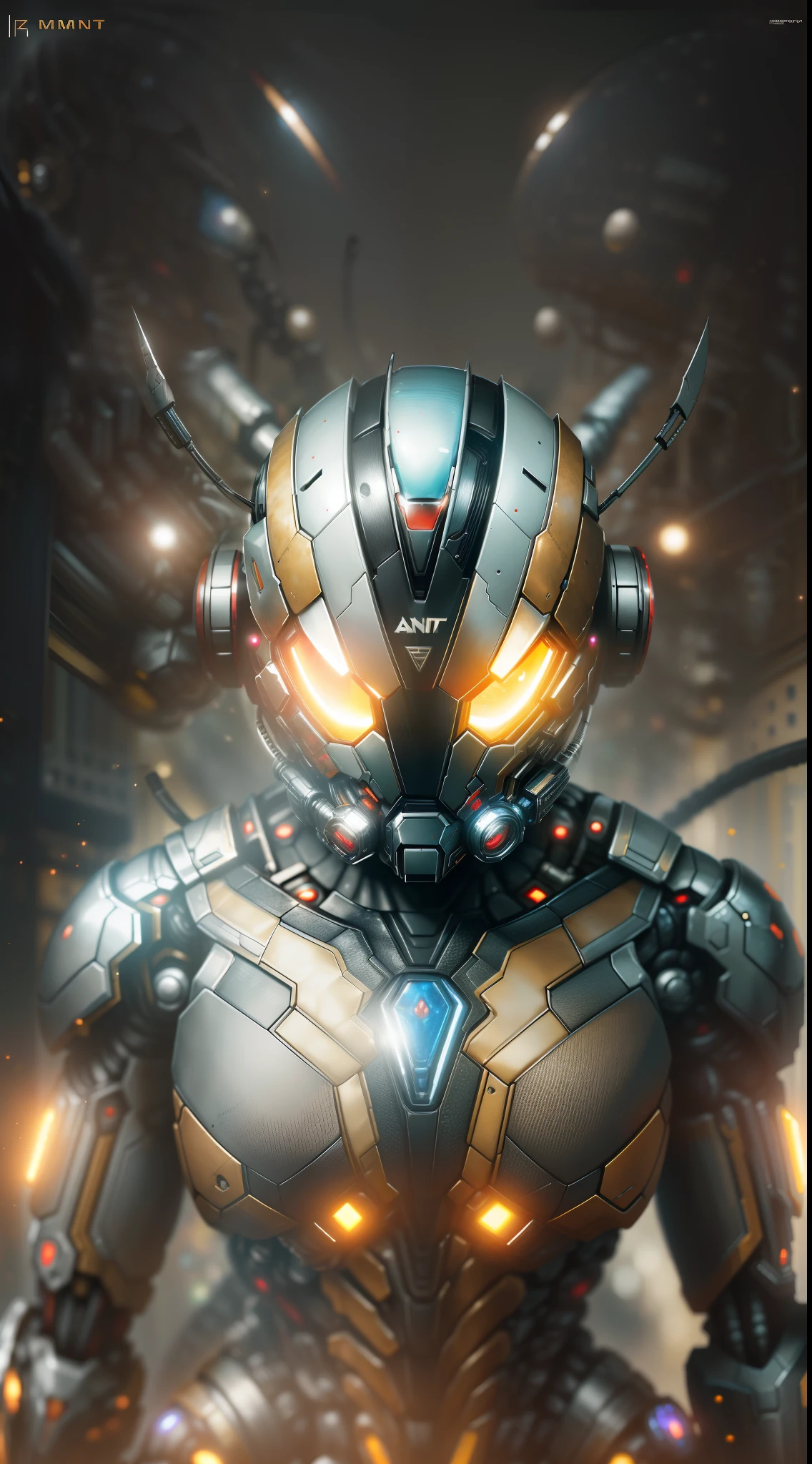 Ant-Man from Marvel photography, biomechanical, complex robot, full growth, hyper-realistic, insane small details, extremely clean lines, cyberpunk aesthetic, a masterpiece presented at Zbrush Central