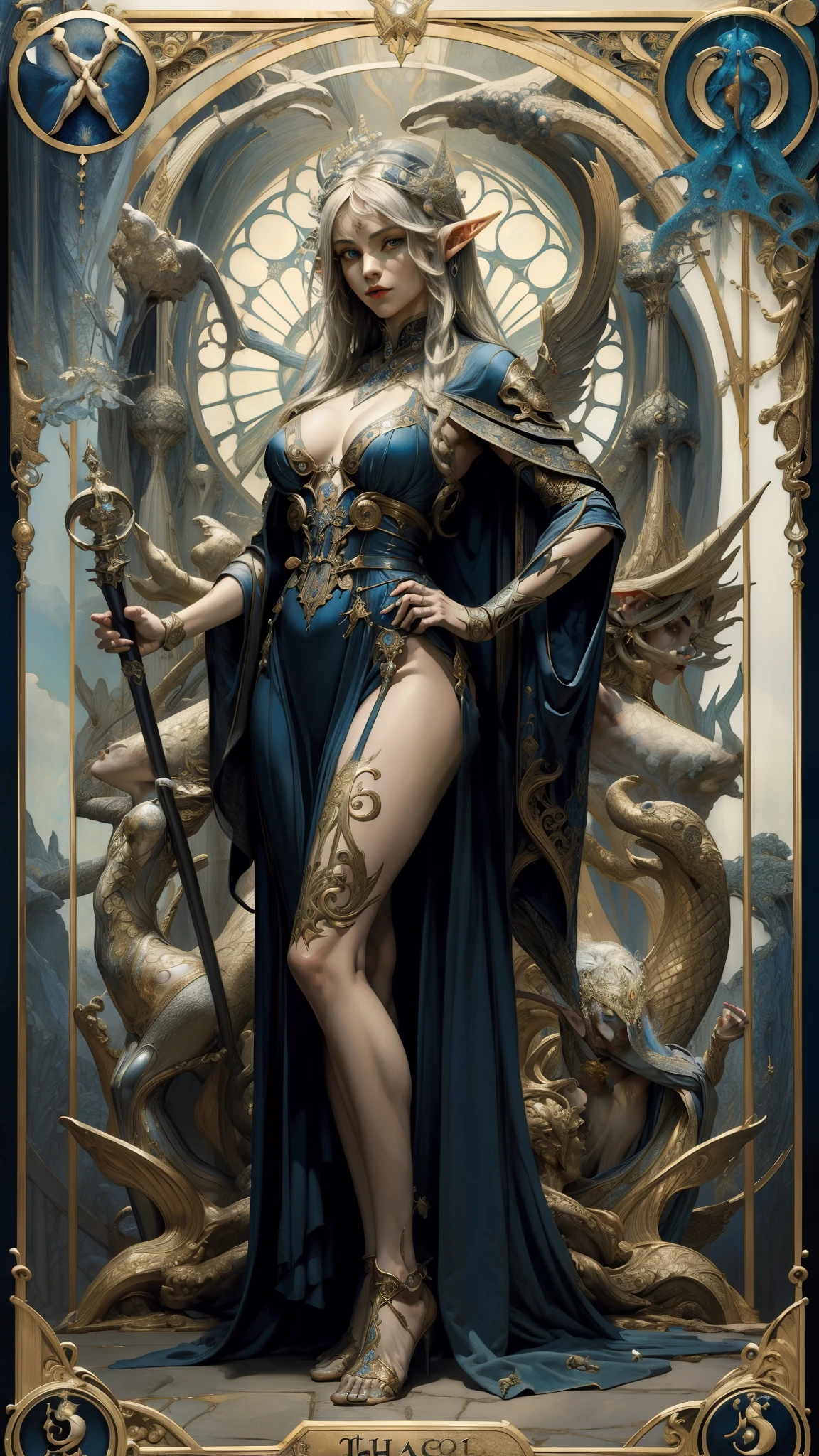 (Masterpiece, Best Quality, High res:1.4 tarot card of standing Elf woman as tarot The High Priestess), (detailed face), full figure shot, insanely detailed, Intricate Details, 4K, (Art Nouveau style), influence by John William Waterhouse and Alphons Mucha, NSFW