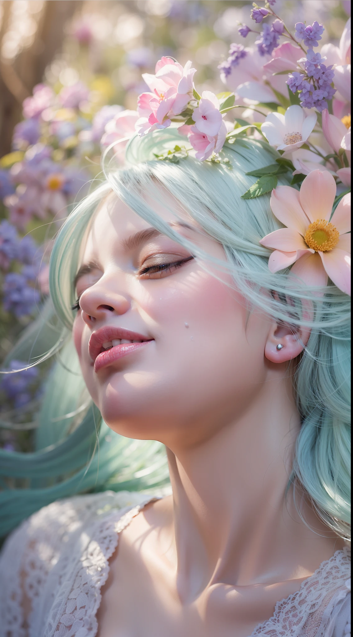 Best quality,Ultra-detailed,Realistic,Portrait,Blue-haired woman,Beautiful and delicate closed eyes,Detailed lips,Smell the scent of Amarilis flowers,wearing flowing dress,Serene expression,Soft sunlight shines through the trees,Colorful flowers bloom around her,Peaceful atmosphere,A gentle breeze,Impressionistic style,A palette of pastel tones,The subtle play of light and shadow,Harmonious composition.