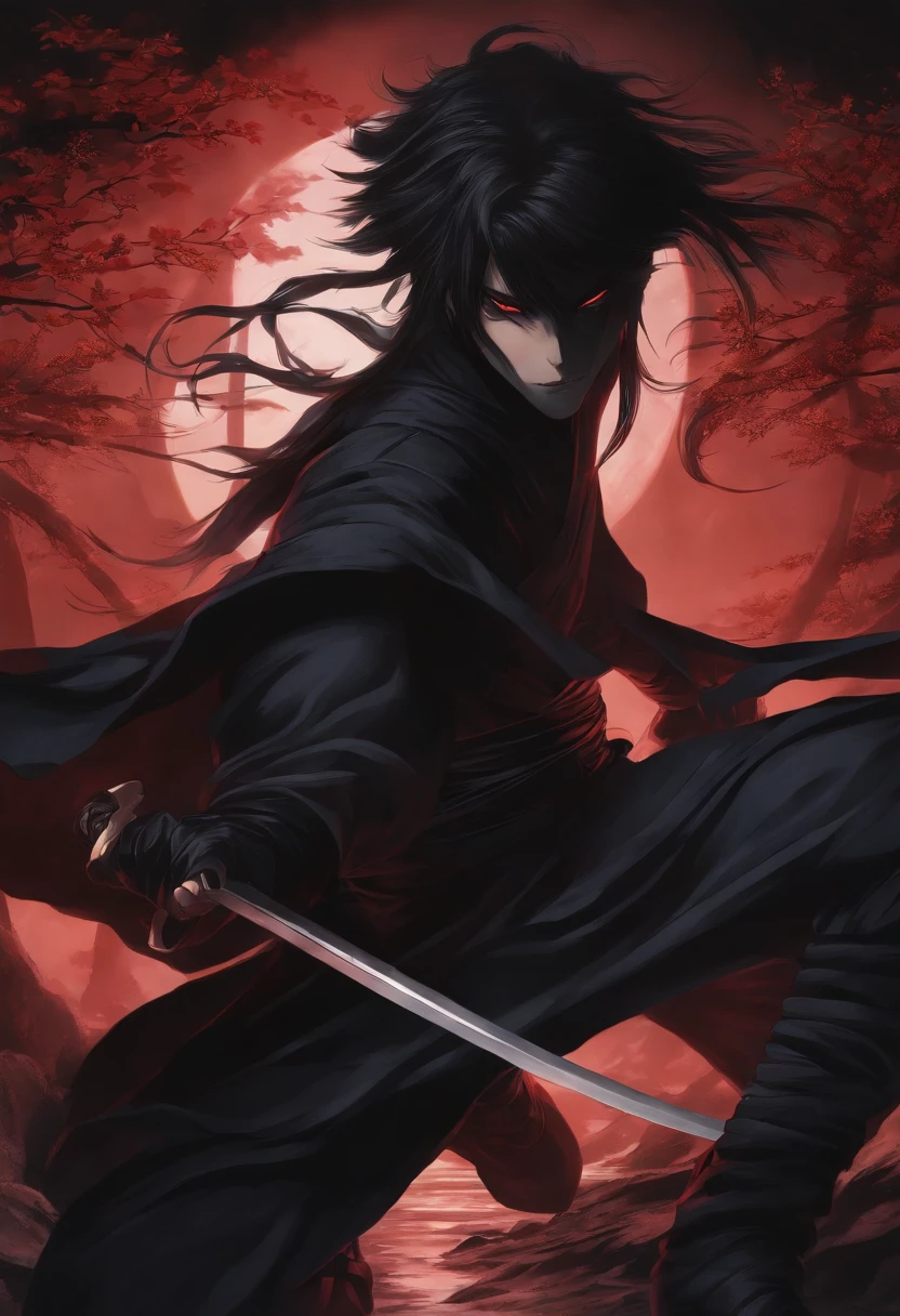 Ninja anime vilian ,dark ,shadowy,