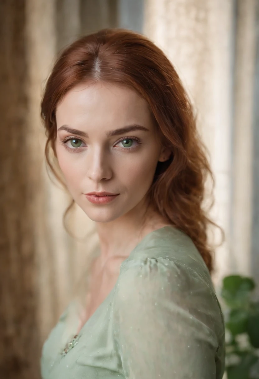 Profile portrait blurred cinematic style background, ruiva com olhos verdes e pele branca fria, vestida com blusa social clara e macia, to the background rustic office, folhas verdes luz suave