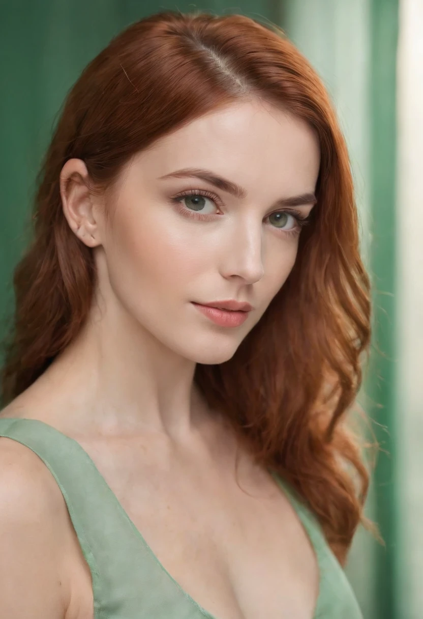 Profile portrait blurred cinematic style background, ruiva com olhos verdes e pele branca fria, vestida com blusa social clara e macia, to the background rustic office, folhas verdes luz suave