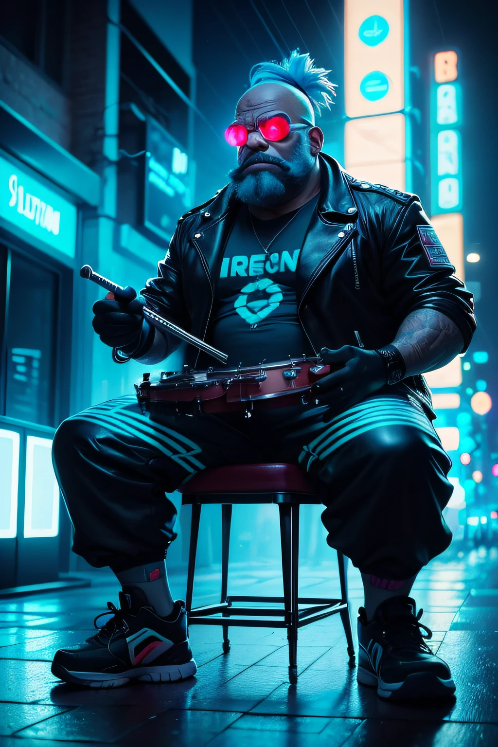 A futuristic version of Bleeding Gums Murphy from 'The Simpsons' playing a drums made of blue neon light on a dark, rainy street in a cyberpunk town. Ao seu redor, hologramas de notas musicais flutuam e brilham suavemente, cartoon