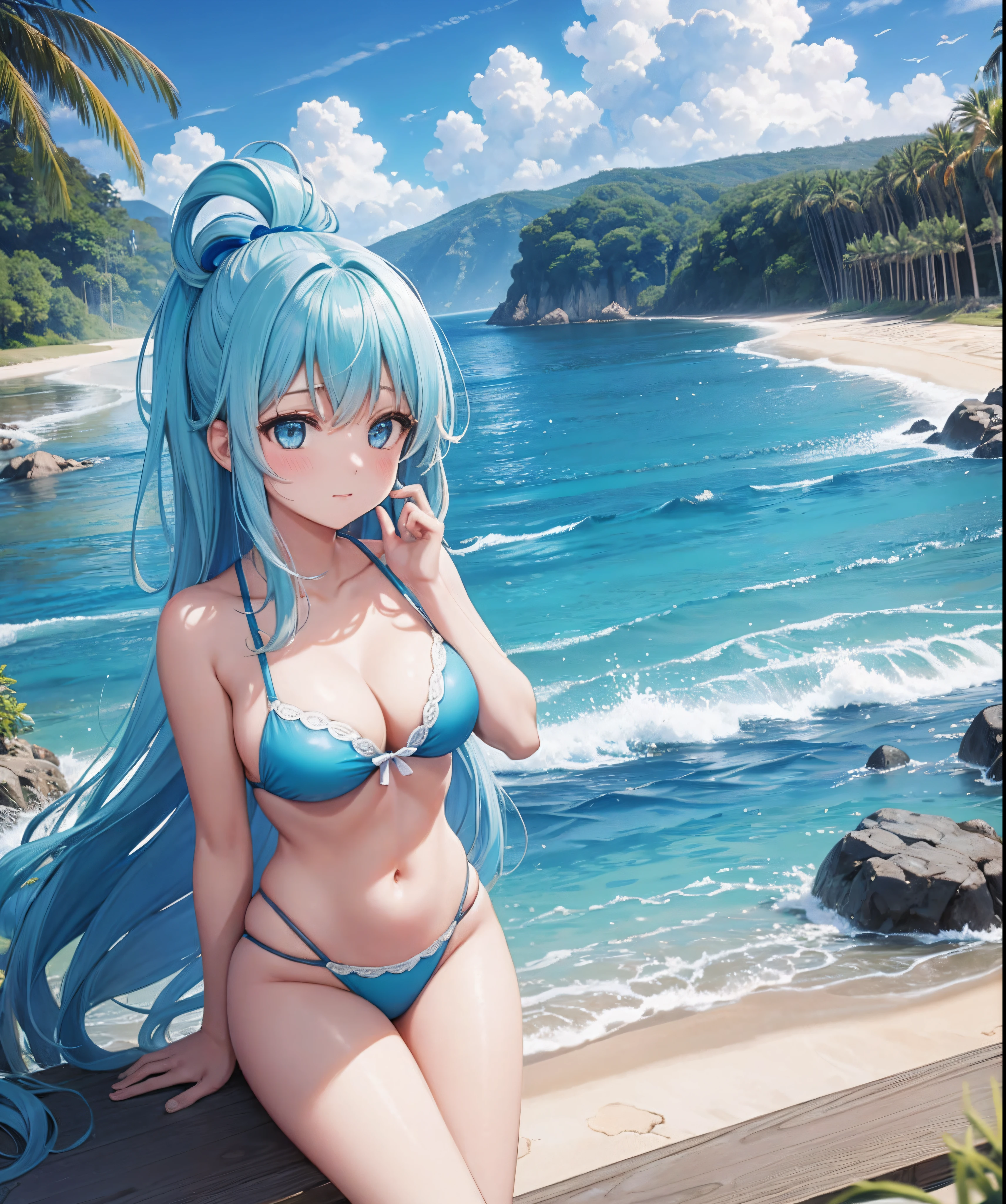 Kai Kokoai, STU48 Kai Kokoai, Cabelos longos azuis, 1girl_aqua_konosuba, outono, outono_Folhas, franja, Praia, azul_heaven, corar, seio, fechado_boca, nuvem, blue eyes, Nublado_heaven, 鎖骨, dia, vestir, campo, flor, flor_campo, horizonte, lago, folha, Olhando_em_ visualizador, montanha, montanhoso_horizonte, mar, ao ar livre, palm_tree, petal, planta, vermelho_flor, curto_Hair, sbikini_segurar, heaven, sorrir, sozinho, Standing, Sunset, tree, Twilight, water, sbikini_azul_vestir, olho perfeito