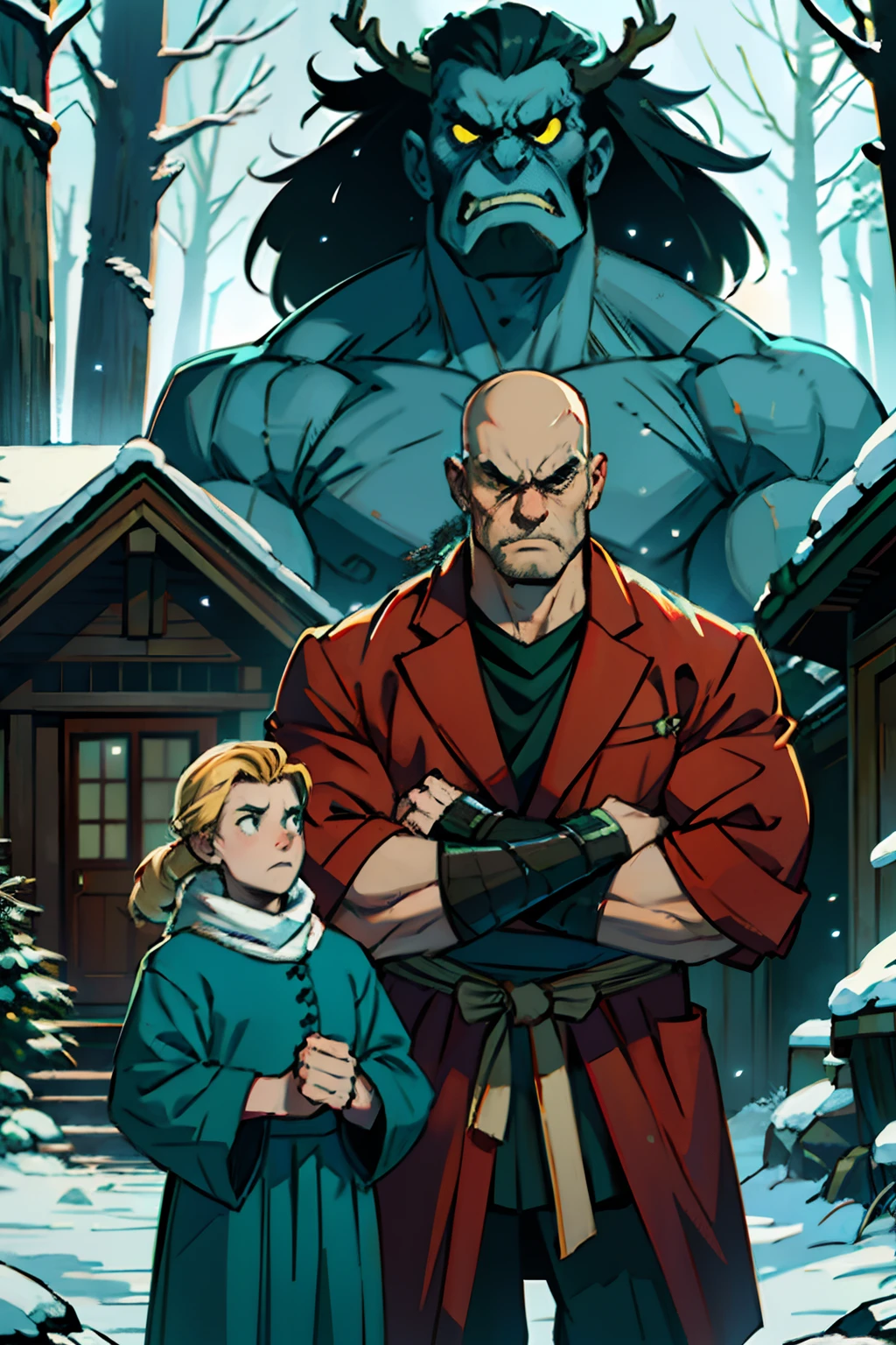 A mean angry family, standing in front of a house, husband, wife and child, frowning, making angry gestures, arms crossed, fists shaking, background is wintery pine forest at night, eerie light, mood is animosity, hostility, character design.