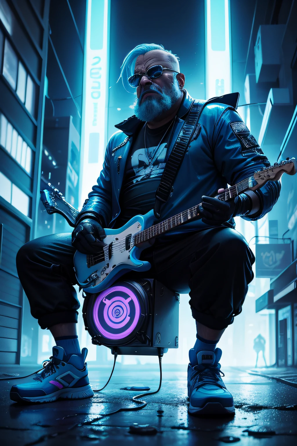 A futuristic version of Bleeding Gums Murphy from 'The Simpsons' playing a drums made of blue neon light on a dark, rainy street in a cyberpunk town. Ao seu redor, hologramas de notas musicais flutuam e brilham suavemente, cartoon