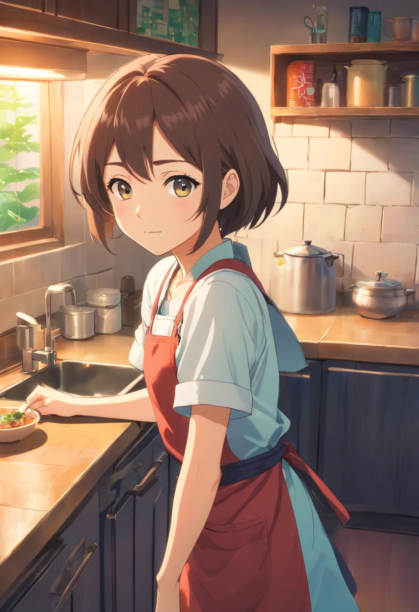 (Best quality,A high resolution,Masterpiece:1.2),(cinematic Film still from),(1girll),(An 18-year-old girl),(A bust up close),(Wear an apron and plain clothes),(cheerfulness),(Soft warm lighting),(Inside old houses:1.0),(Gas stove),(tatami mats),(Counter and refrigerator and sink),(depth of fields:1.0)