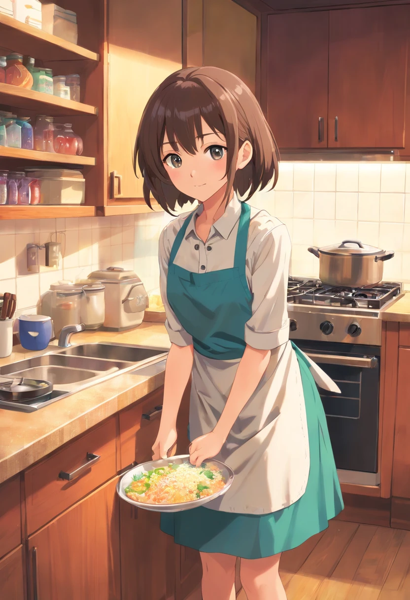 (Best quality,A high resolution,Masterpiece:1.2),(cinematic Film still from),(1girll),(An 18-year-old girl),(A bust up close),(Wear an apron and plain clothes),(cheerfulness),(Soft warm lighting),(Inside old houses:1.0),(Gas stove),(tatami mats),(Counter and refrigerator and sink),(depth of fields:1.0)