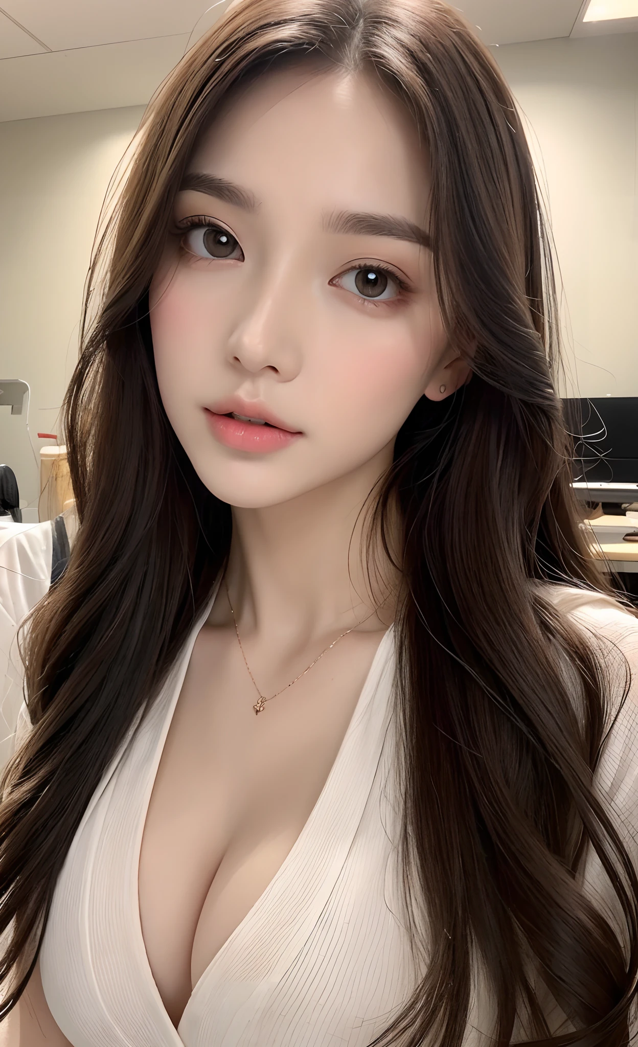 ((best image quality, 8k, masterpiece: 1.3)), upper body (1.3), focus sharp: 1.2, shiny skin in the light, sexy, beauty with outstanding style: 1.4, wearing a suit that emphasizes exposed breasts (3), ((brown hair, huge breasts: 1.2)), very detailed face and skin texture, not too dark parallel eyebrows detailed eyes, double eyelids, smile (1.3) natural makeup, Sitting in the office (5)
