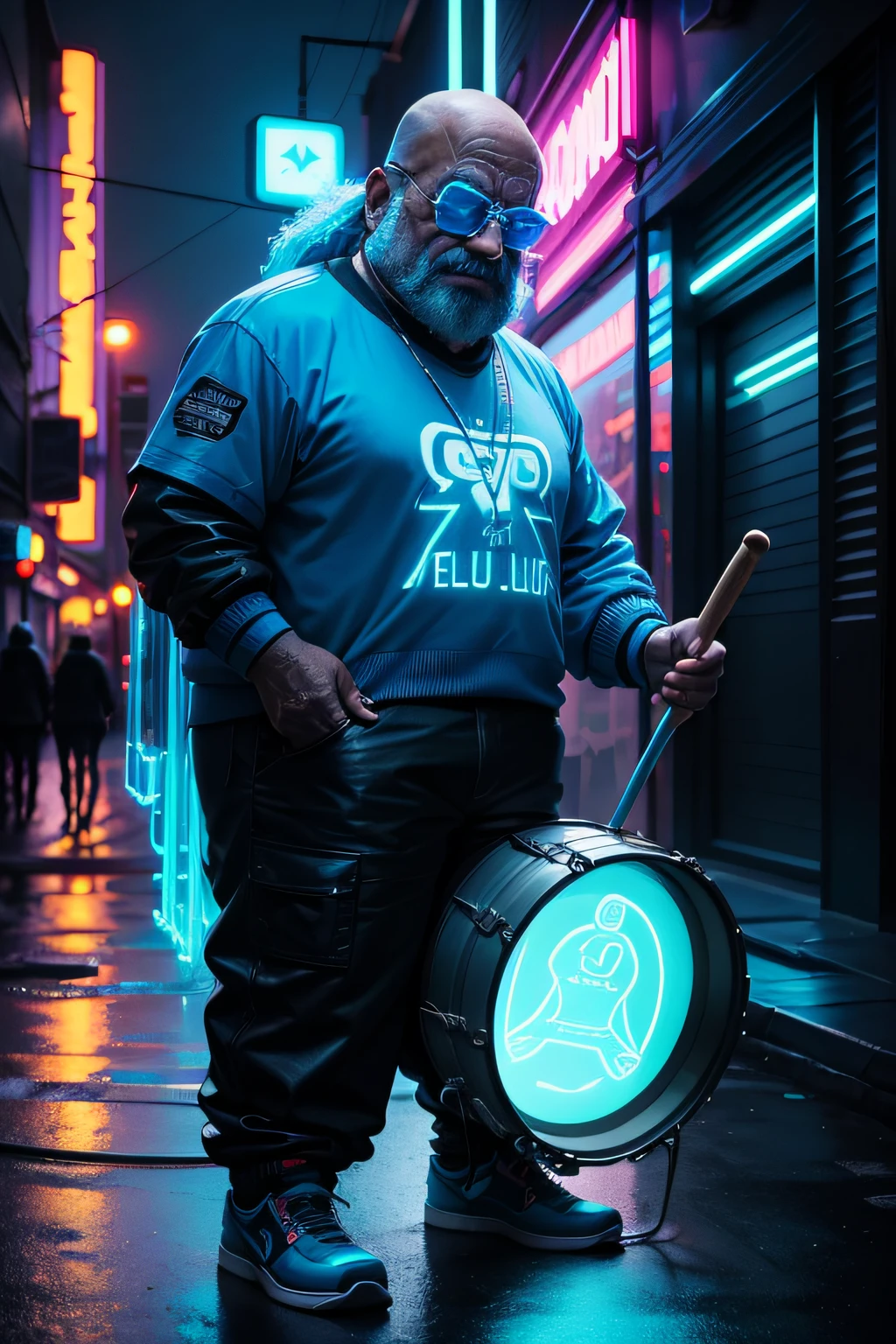 A futuristic version of Bleeding Gums Murphy from 'The Simpsons' playing a drums made of blue neon light on a dark, rainy street in a cyberpunk town. Ao seu redor, hologramas de notas musicais flutuam e brilham suavemente, cartoon
