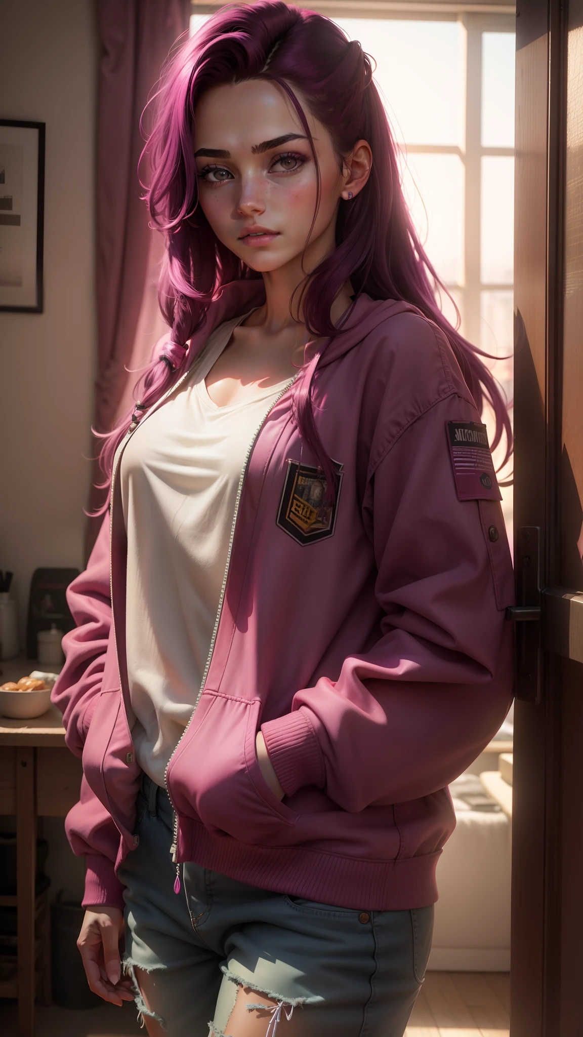Beautiful women, 20 years old, baggy clothes, ((magenta color)), 8k, high quilty, realistic, beautiful realistic, Cool details, raw photo, Light and cool lighting, photo realistic, Cel shaded, Gel lighting, ultra details