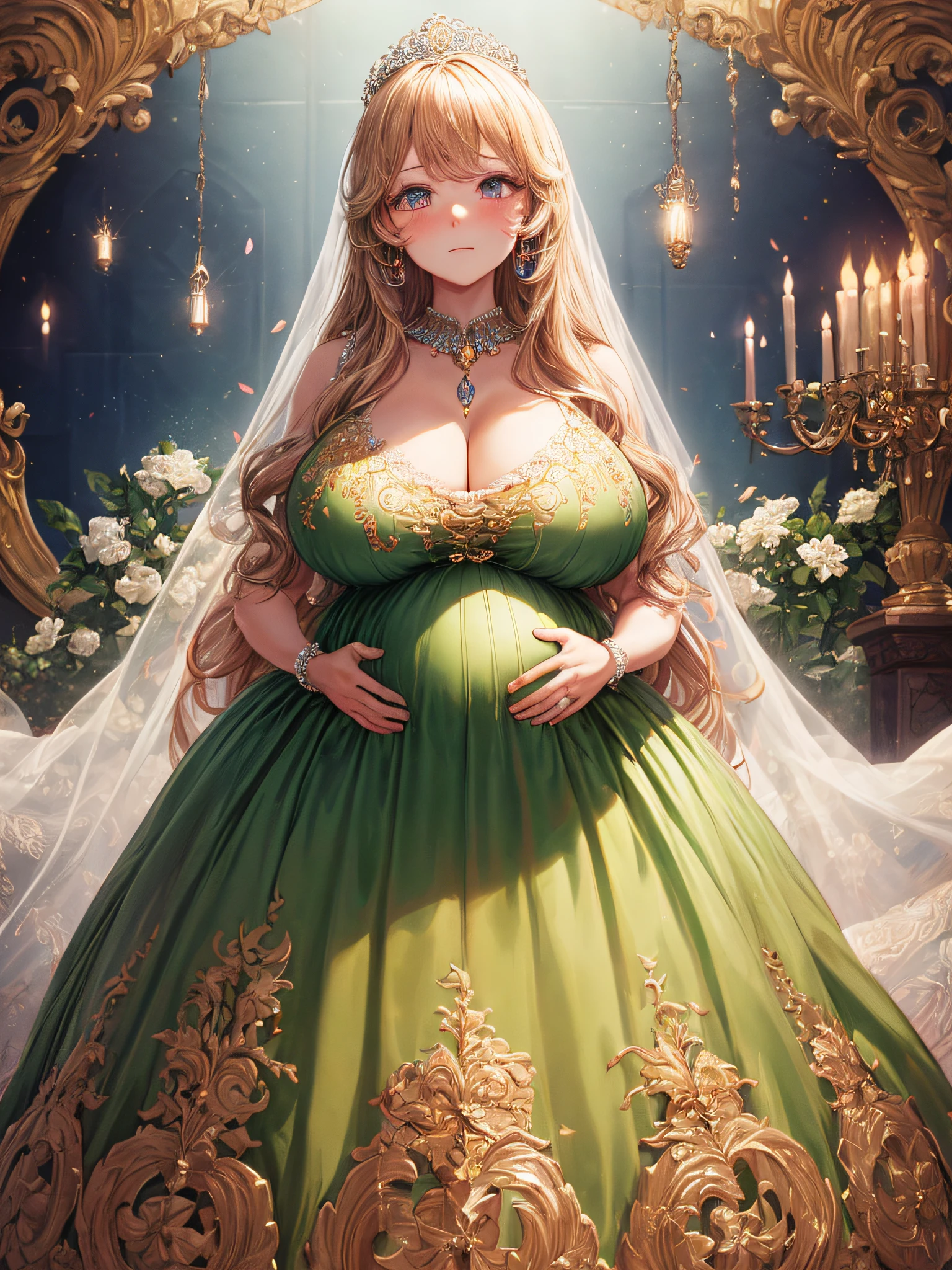 (masterpiece, best quality,extremely detailed:1.1),(moe anime art style:1.2),1girl,((full body,focus face)),((solo)), cute, kawaii,digital art,((1 bling-bling pregnant princess wearing beautiful embroidery and jeweled gorgeous rococo ballgown with jeweled voluminous full length hoop skirt)),(((heavily pregnant))),very big pregnant belly,((crinoline)),long train,voluminous frills,See-through,(gorgeous embroidery and beautiful lace),((very gigantic boobs,skindentation)),cleavage,shiny hair,(((very long straight hair,large amount of straight hair))),((embarrassed)),anguish,((finely detailed face and eyes)),clear pupil,extremely gorgeousfull hair ornament,(bling-bling jeweled extremely gorgeousfull tiara),(bling-bling gorgeous gemstone jewelry),long veil,beautiful background,fantasy background,flowers,flower petals flowing,full body,((beautiful embroidery and jeweled ruffled gorgeous rococo ballgown with voluminous full length hoop skirt))