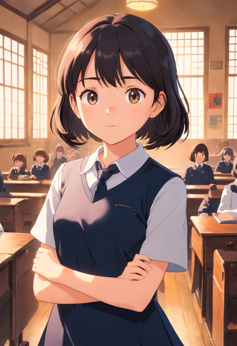 (masterpiece,newest,exceptional:1.2),1girl,black school uniform,classroom,