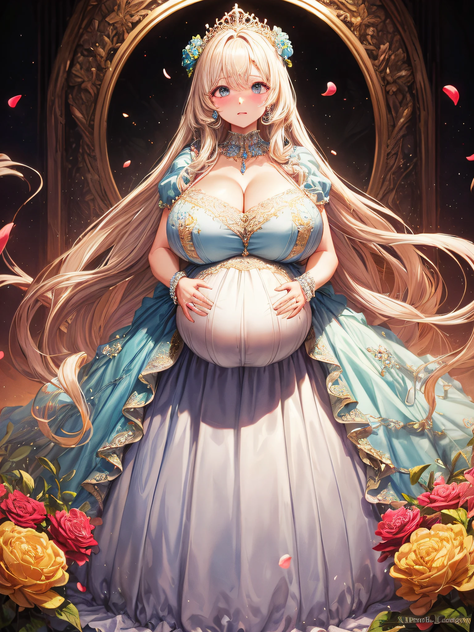 (masterpiece, best quality,extremely detailed:1.1),(moe anime art style:1.2),1girl,((full body,focus face)),((solo)), cute, kawaii,digital art,((1 bling-bling pregnant princess wearing beautiful embroidery and jeweled gorgeous rococo ballgown with jeweled voluminous full length hoop skirt)),(((heavily pregnant))),very big pregnant belly,((crinoline)),long train,voluminous frills,See-through,(gorgeous embroidery and beautiful lace),((very gigantic boobs,skindentation)),cleavage,shiny hair,(((very long straight hair,large amount of straight hair))),((embarrassed)),anguish,((finely detailed face and eyes)),clear pupil,extremely gorgeousfull hair ornament,(bling-bling jeweled extremely gorgeousfull tiara),(bling-bling gorgeous gemstone jewelry),long veil,beautiful background,fantasy background,flowers,flower petals flowing,full body,((beautiful embroidery and jeweled ruffled gorgeous rococo ballgown with voluminous full length hoop skirt))