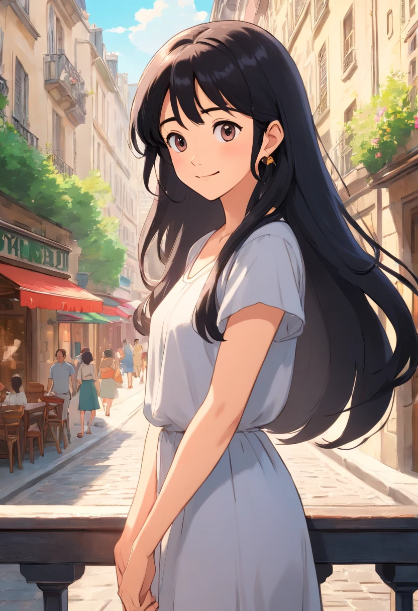 Masterpiece, superior quality, ultra-detailed, 8k drawing under CG unity, a woman looking directly at ther observer, summer subject, a charmed and happy look, in the city center of paris, smiling, with long black hair and cowboy style, naked