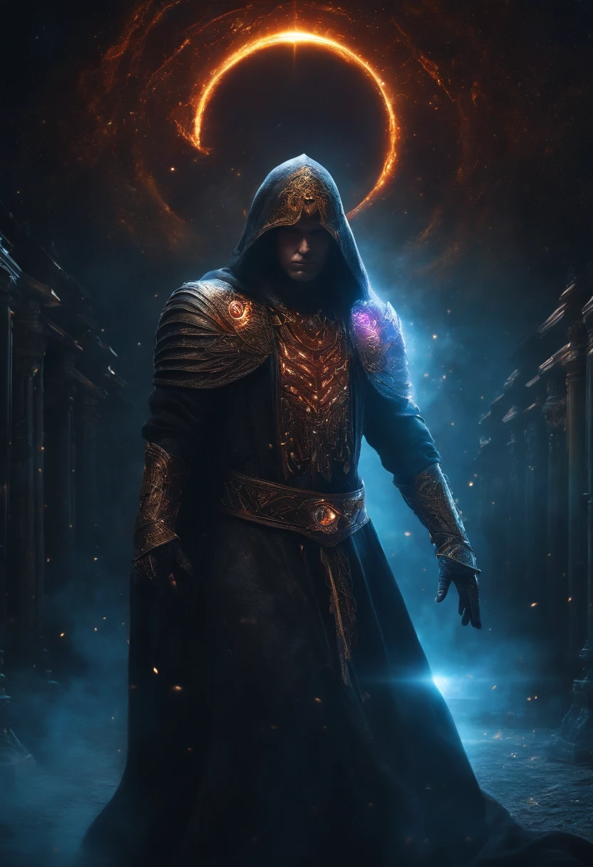 Cosmic Fallen Angel, glowing light eyes, Biomechanical, eerie, Creepy, nightmarish, Very bright colors, Light particles, with light glowing, Mshiff, wallpaper art, UHD wallpaper, anakil skywalker, 15 years, medieval clothes