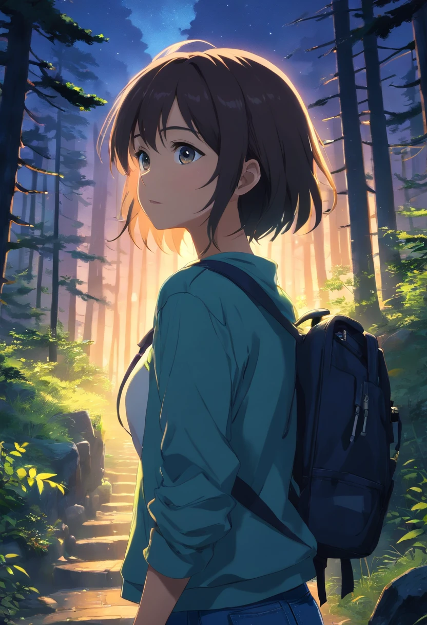 (Best quality,A high resolution,Masterpiece:1.2),(cinematic Film still from),(Dark and terrifying:1.0),solo,(1girll),(An 18-year-old girl),(bust),(Close-up),(T-shirt and jeans),(Shoulder backpack),(Walk in the mountains and forests at night:1.2)