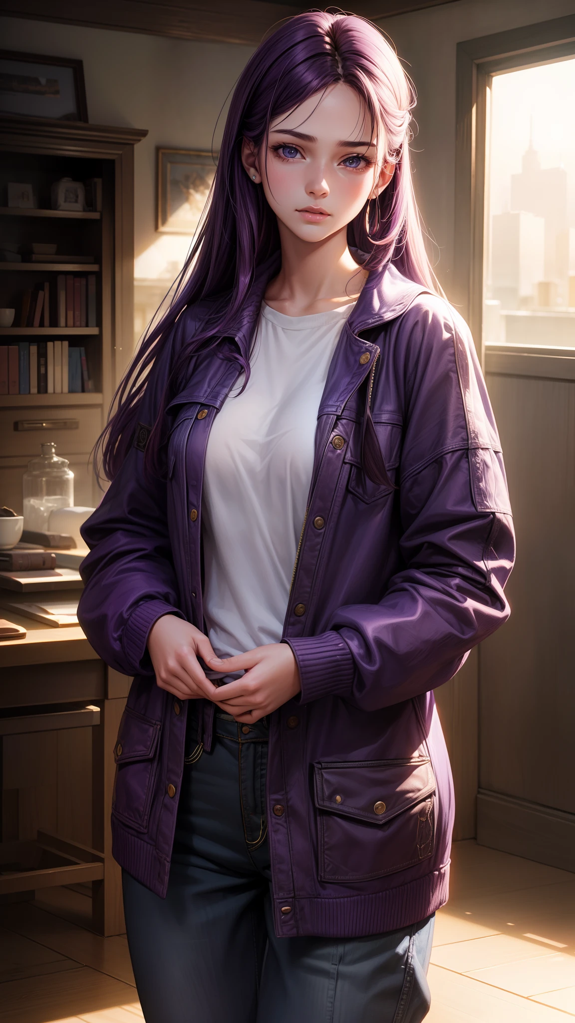 beautiful women, 20 years old, Baggy clothing, ((purple color)), 8k, Quilty Altitude, Realistic, Beautiful realism, outstanding detail, RAW photo, Light and cool lighting, realistic photo, Cel shaded, Gel lighting, ultra-detail