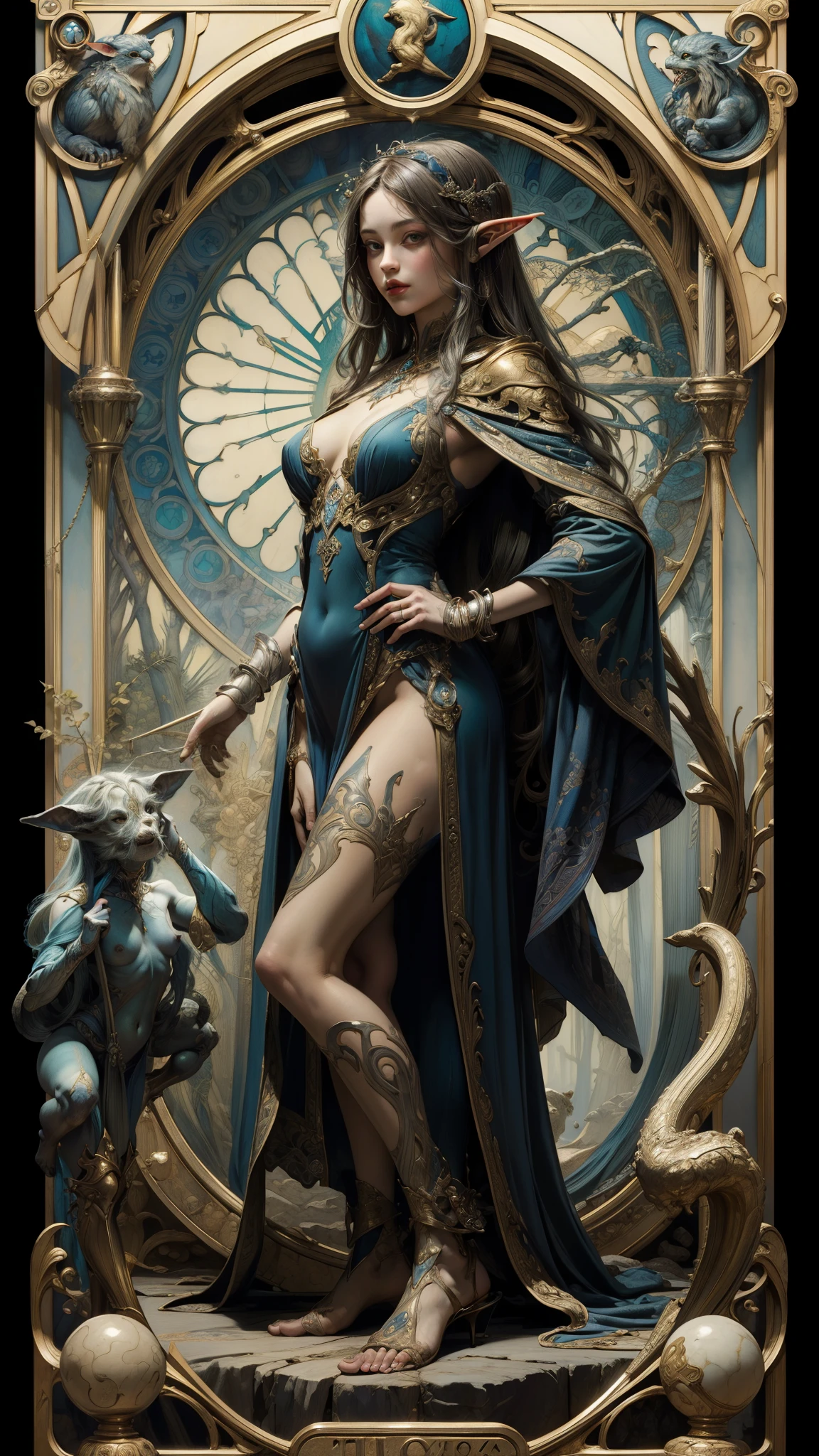 (Masterpiece, Best Quality, High res:1.4 tarot card of standing Elf woman), detailed face, full figure shot, insanely Detailed, Intricate Details, 4K, (Art Nouveau style), influence by John William Waterhouse and Alphons Mucha, NSFW