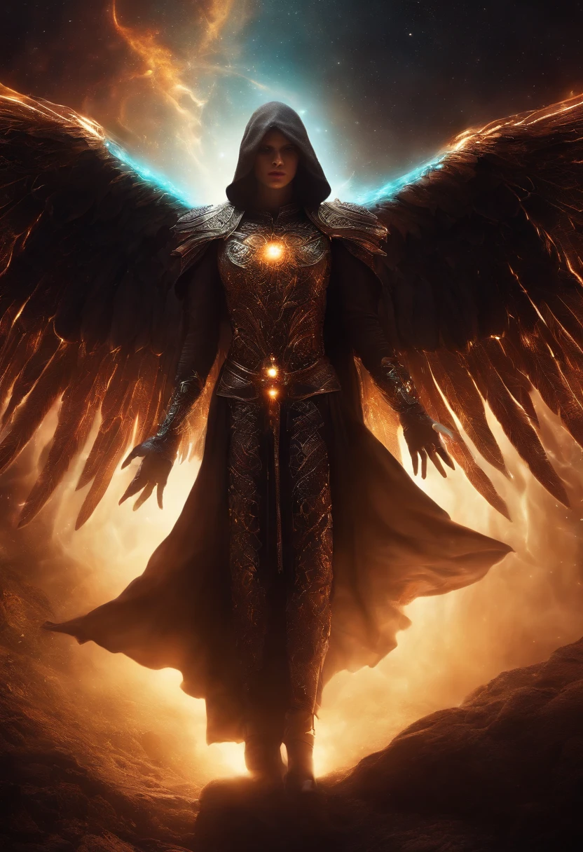 Cosmic Fallen Angel, glowing light eyes, Biomechanical, eerie, Creepy, nightmarish, Very bright colors, Light particles, with light glowing, Mshiff, wallpaper art, UHD wallpaper, anakil skywalker, years, medieval clothes
