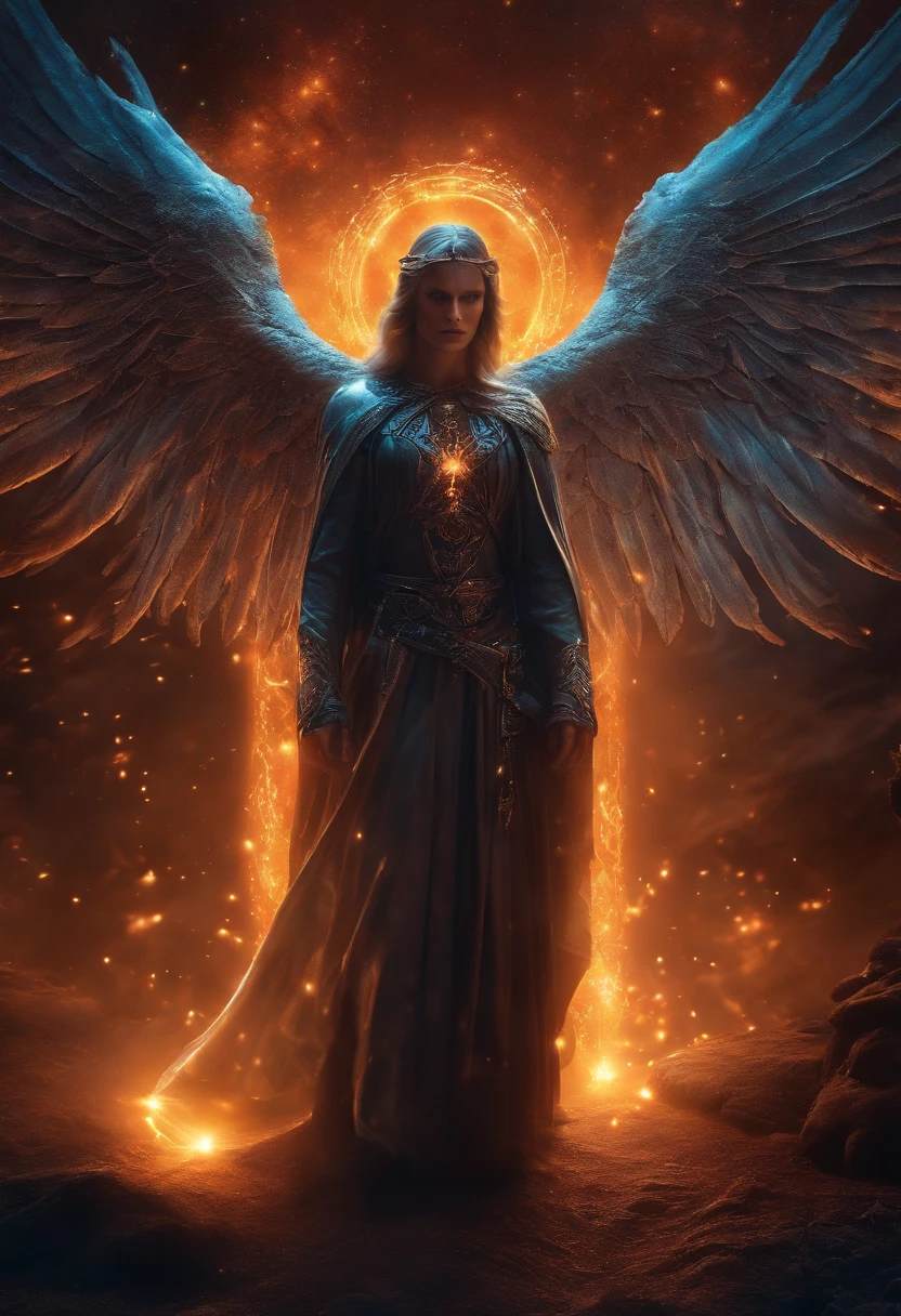 Cosmic Fallen Angel, glowing light eyes, Biomechanical, eerie, Creepy, nightmarish, Very bright colors, Light particles, with light glowing, Mshiff, wallpaper art, UHD wallpaper, anakil skywalker,  years, medieval clothes