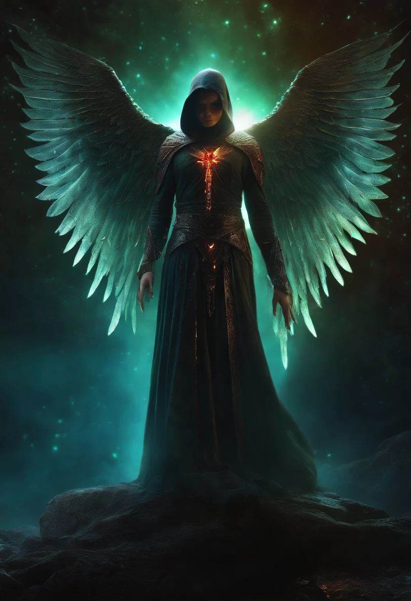 Cosmic Fallen Angel, glowing light eyes, Biomechanical, eerie, Creepy, nightmarish, Very bright colors, Light particles, with light glowing, Mshiff, wallpaper art, UHD wallpaper, anakil skywalker, 15 years, medieval clothes