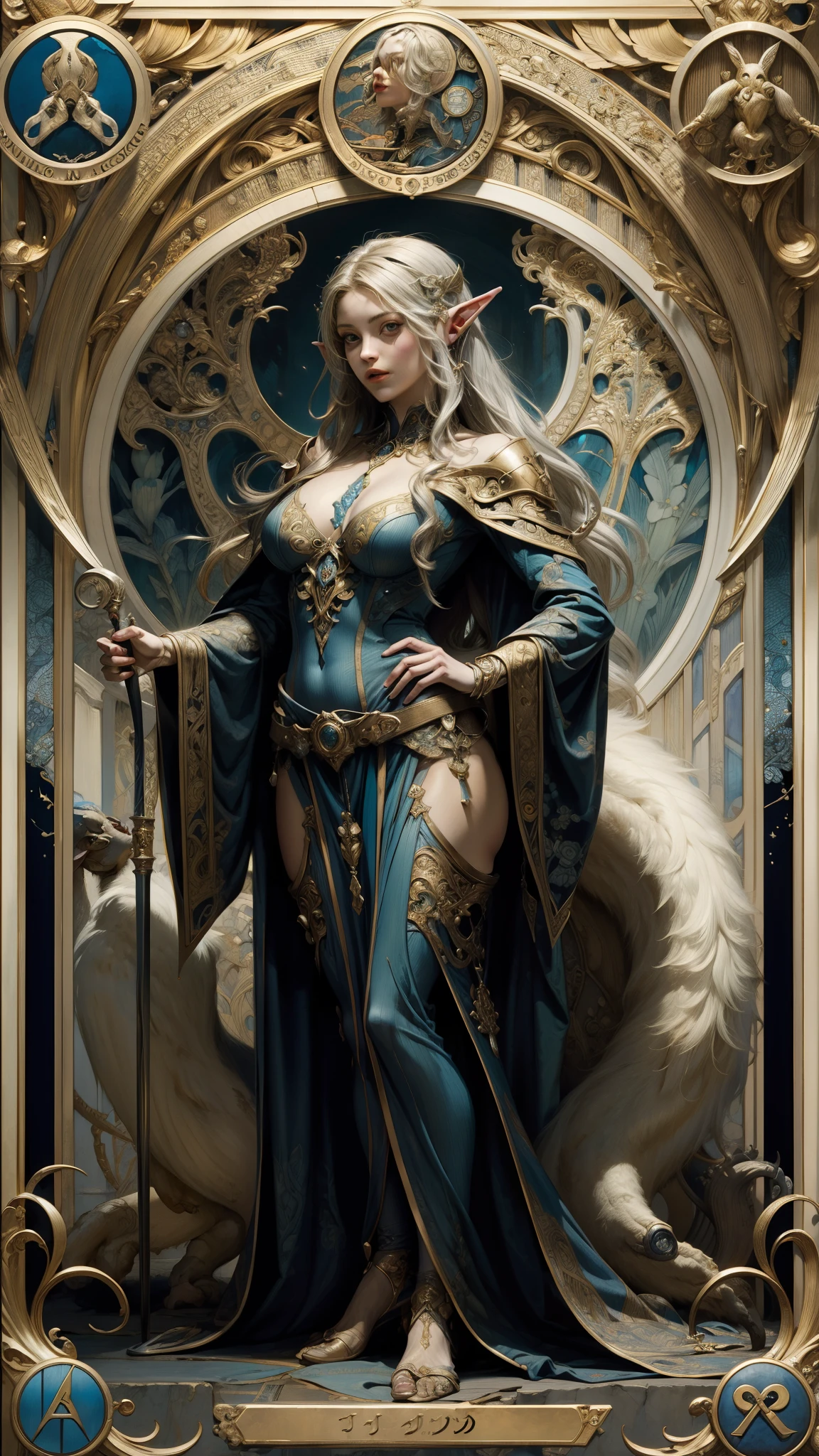 (Masterpiece, Best Quality, High res:1.4 tarot card of standing Elf woman), detailed face, full figure shot, insanely Detailed, Intricate Details, 4K, (Art Nouveau style), influence by John William Waterhouse and Alphons Mucha, NSFW