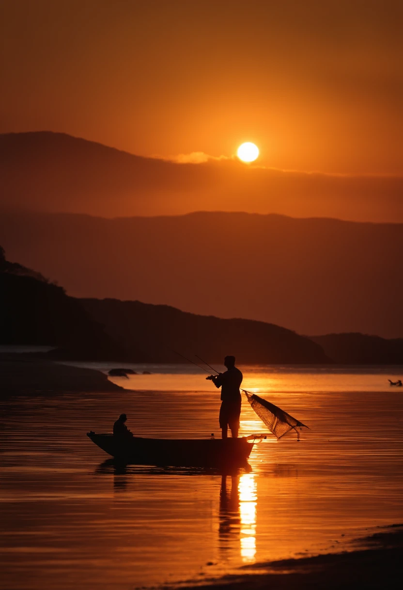 foto de um rio com um pescador ao por do sol