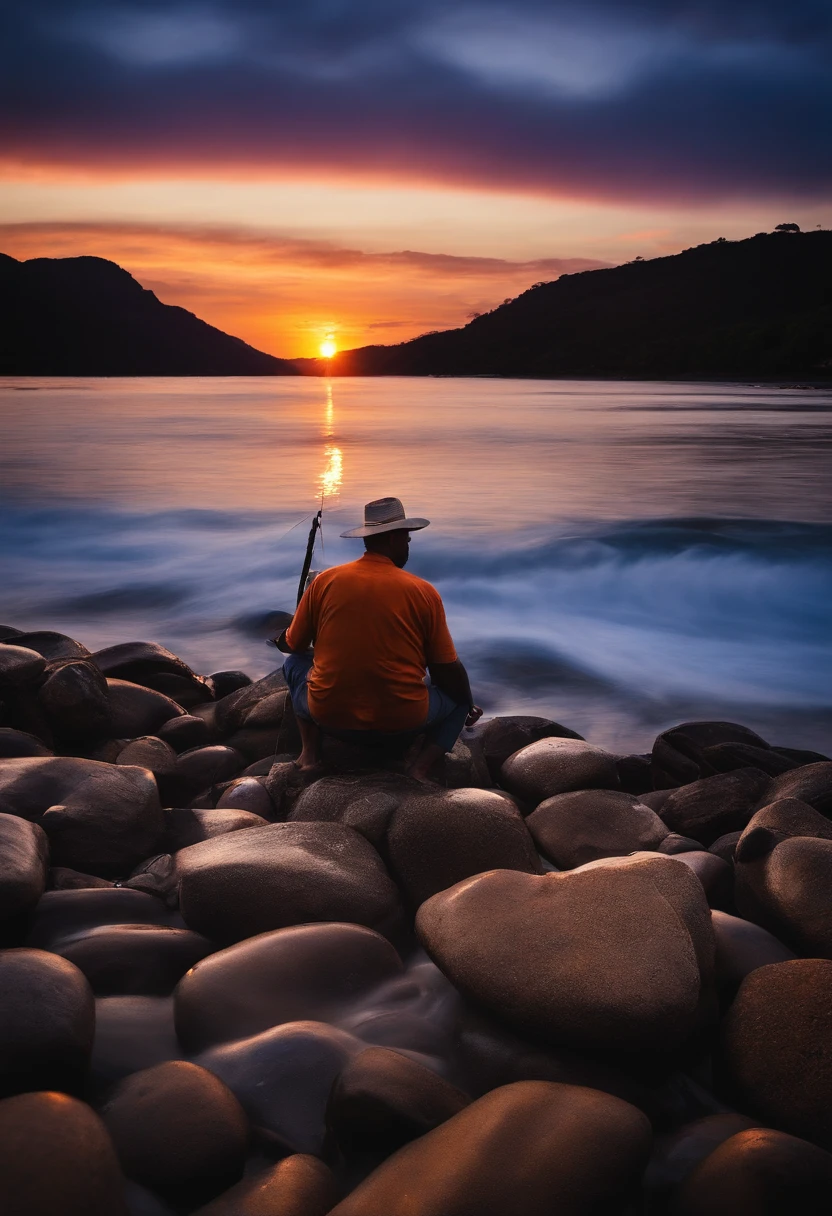 foto de um rio com um pescador ao por do sol
