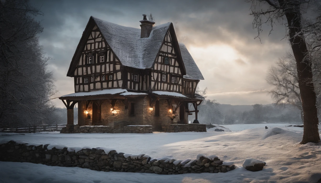 ue,Medieval cityscape,Stone House,snowscape