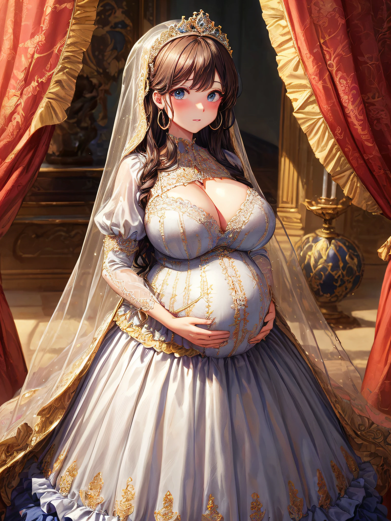 (masterpiece, best quality,extremely detailed:1.1),(moe anime art style:1.2),1girl,((full body,focus face)),((solo)), cute, kawaii,digital art,((1 bling-bling pregnant princess wearing beautiful embroidery and jeweled gorgeous rococo ballgown with jeweled voluminous full length hoop skirt)),(((heavily pregnant))),very big pregnant belly,((crinoline)),long train,voluminous frills,See-through,(gorgeous embroidery and beautiful lace),((very gigantic boobs,skindentation)),cleavage,shiny hair,(((very long straight hair,large amount of straight hair))),((embarrassed)),anguish,((finely detailed face and eyes)),clear pupil,extremely gorgeousfull hair ornament,(bling-bling jeweled extremely gorgeousfull tiara),(bling-bling gorgeous gemstone jewelry),long veil,beautiful background,fantasy background,flowers,flower petals flowing,full body,((beautiful embroidery and jeweled ruffled gorgeous rococo ballgown with voluminous full length hoop skirt))