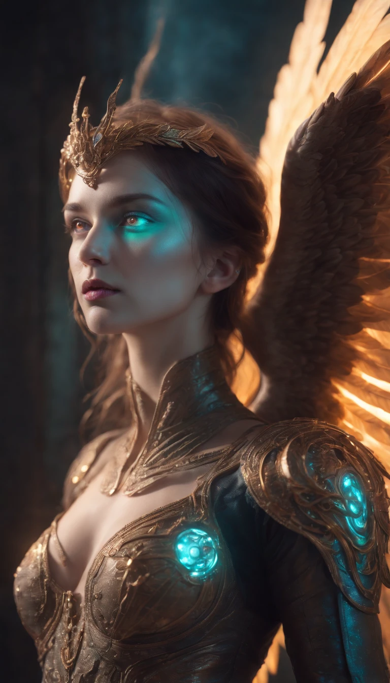 Cosmic Fallen Angel, glowing light eyes, Biomechanical, eerie, Creepy, nightmarish, Very bright colors, Light particles, with light glowing, Mshiff, wallpaper art, UHD wallpaper