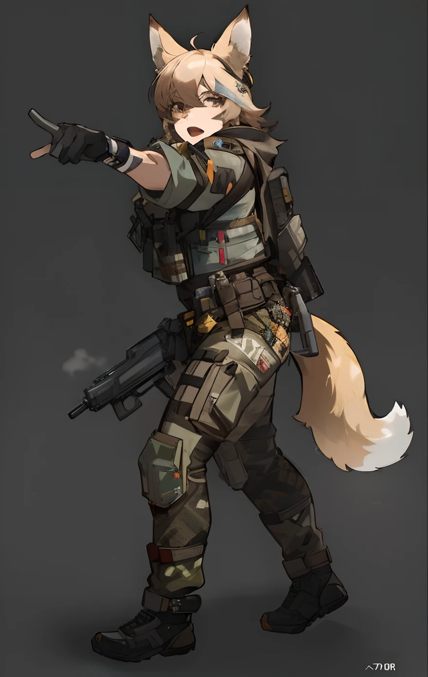 um desenho de uma raposa com uma arma e equipamento de camuflagem, Cushart Kenz, Makoto Shinkai ( apex legends ), pronto para o combate, an anthropomorphic cyberpunk fox, ( ( arte conceitual do personagem ) ), Como um personagem de Overwatch, raposa nobushi, raposa, de meninas da linha de frente, Loba Andrade de Apex Legends, arte oficial do personagem, De Overwatch