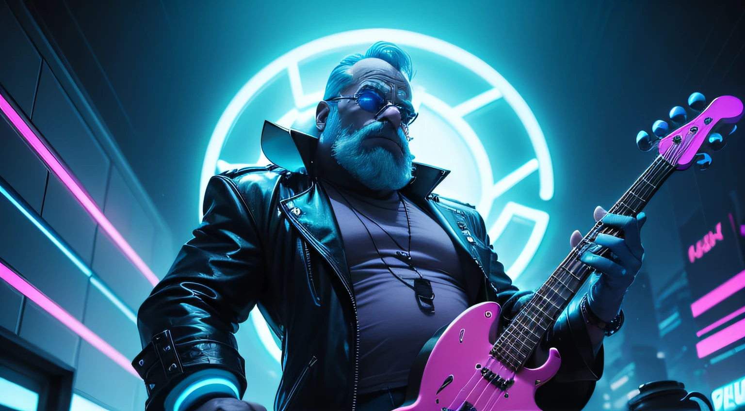 A futuristic version of 5 Bleeding Gums Murphy from 'The Simpsons' playing a drum kit made of blue neon light, a saxophone made of blue neon light, a double bass made of blue neon light, a trumpet made of blue neon light on a dark street and rainy in a cyberpunk city. All around you, holograms of musical notes float and glow softly, cartoon