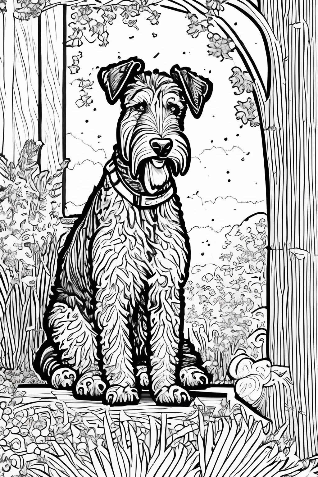 Coloring book of an Airedale Terrier dog in a peasant town, estilo dos desenhos animados, linhas grossas, sem cor, fundo branco, apenas linhas, baixo detalhe