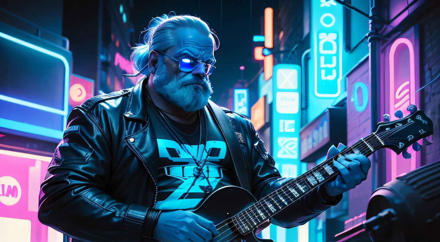 A futuristic version of 5 Bleeding Gums Murphy from 'The Simpsons' playing a drum kit made of blue neon light, a saxophone made of blue neon light, a double bass made of blue neon light, a trumpet made of blue neon light on a dark street and rainy in a cyberpunk city. All around you, holograms of musical notes float and glow softly, cartoon