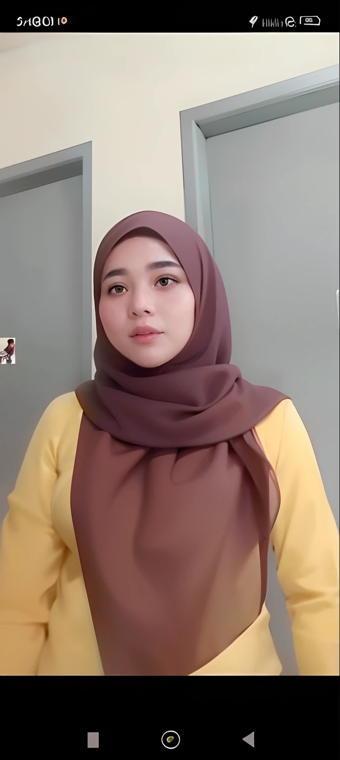 a close up of a woman wearing a brown scarf and yellow shirt, ruan cute vtuber, low quality video, inspired by JoWOnder, with accurate face, inspired by Nazmi Ziya Guran, hijab, wearing a brown, inspired by Sarper Baran, inspired by Fathi Hassan, malaysian, wearing wheat yellow gauze, youtube video screenshot