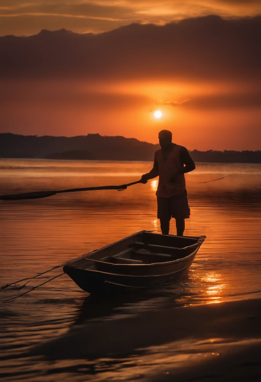 foto ultrarrealista de um rio com um pescador ao por do sol