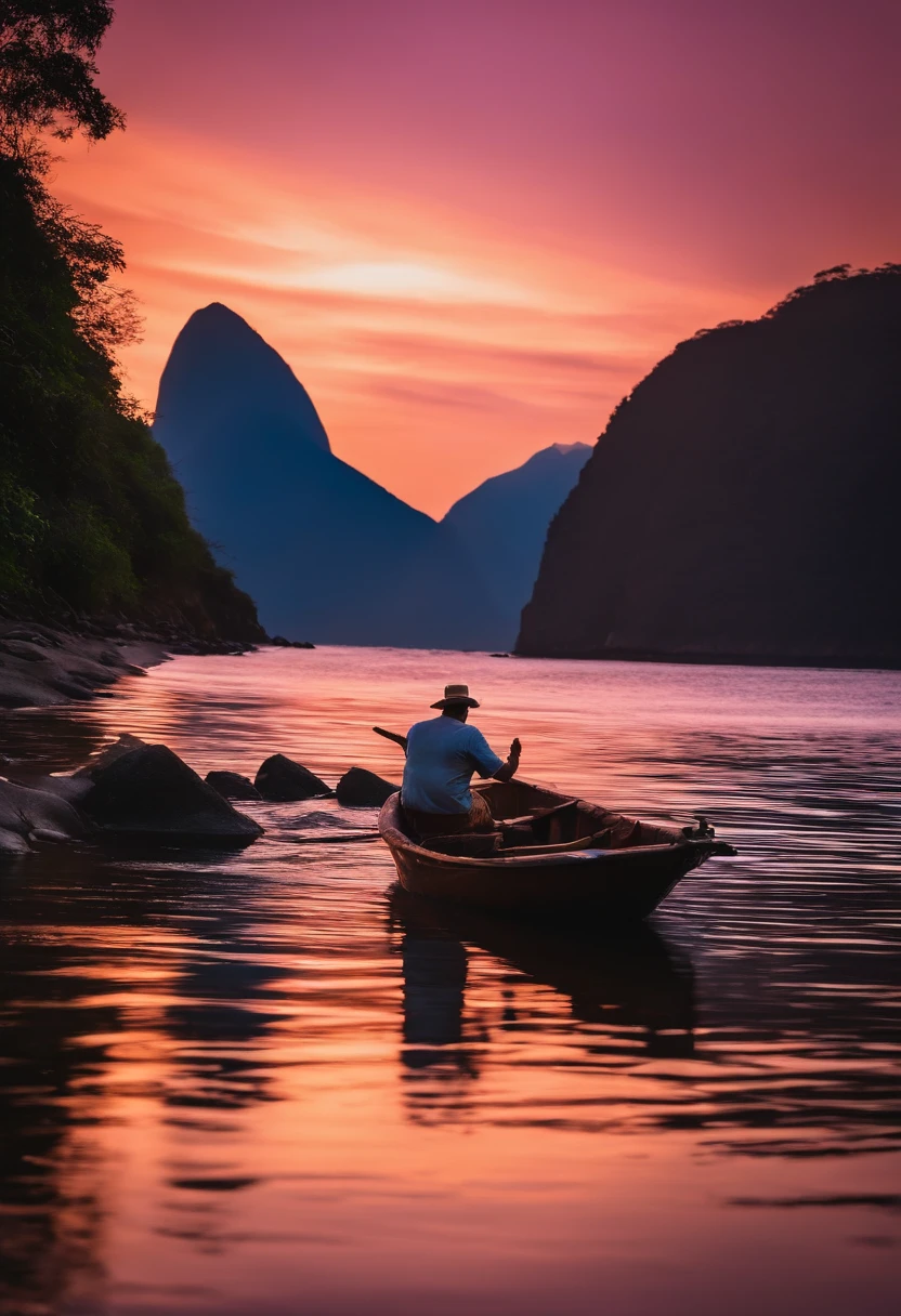 foto ultrarrealista de um rio com um pescador ao por do sol