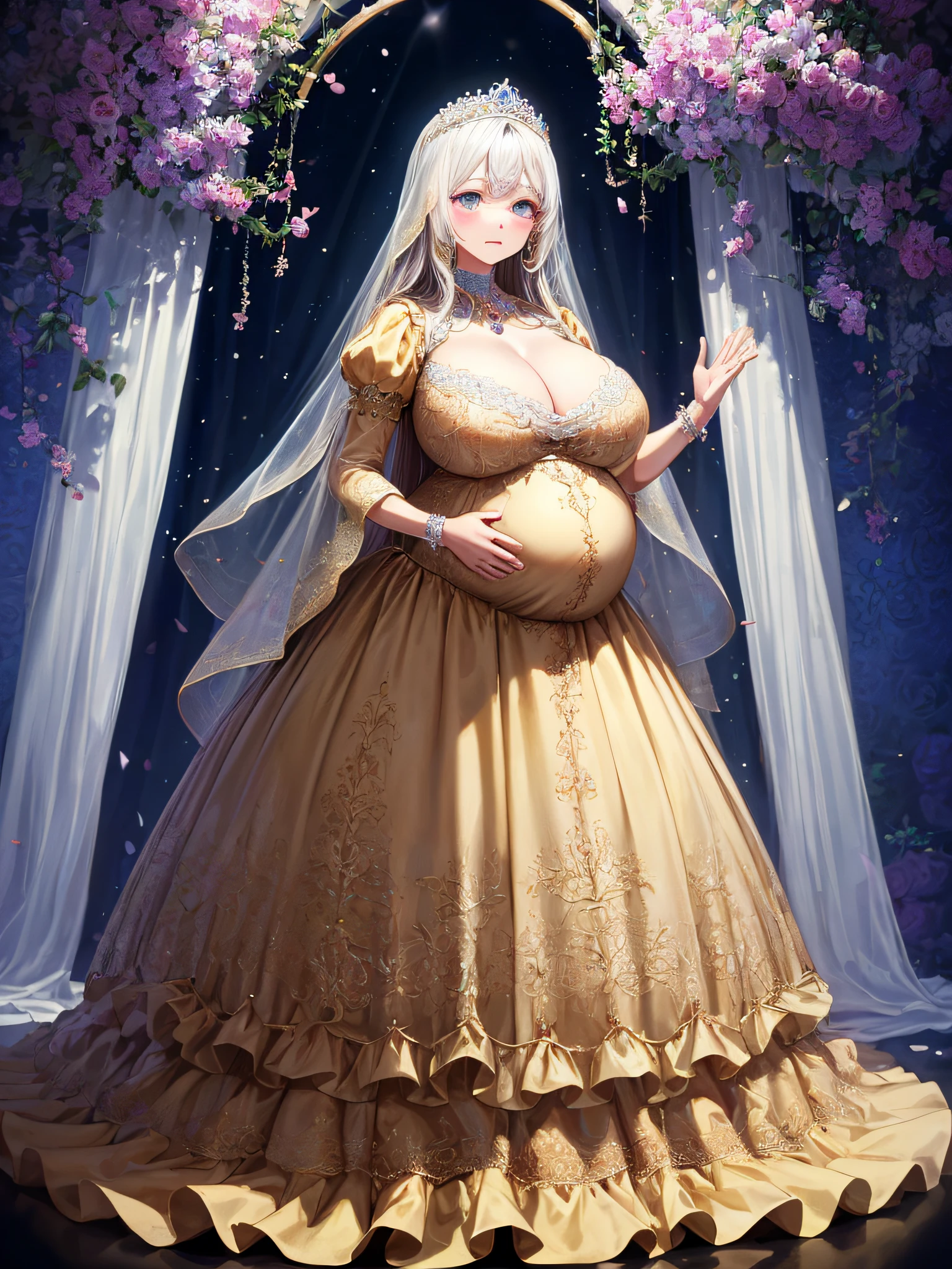 (masterpiece, best quality,extremely detailed:1.1),(moe anime art style:1.2),1girl,((full body,focus face)),((solo)), cute, kawaii,digital art,((1 bling-bling pregnant princess wearing beautiful embroidery and jeweled gorgeous rococo ballgown with jeweled voluminous full length hoop skirt)),(((heavily pregnant))),very big pregnant belly,((crinoline)),long train,voluminous frills,See-through,(gorgeous embroidery and beautiful lace),((very gigantic boobs,skindentation)),cleavage,shiny hair,(((very long straight hair,large amount of straight hair))),((embarrassed)),anguish,((finely detailed face and eyes)),clear pupil,extremely gorgeousfull hair ornament,(bling-bling jeweled extremely gorgeousfull tiara),(bling-bling gorgeous gemstone jewelry),long veil,beautiful background,fantasy background,flowers,flower petals flowing,full body,((beautiful embroidery and jeweled ruffled gorgeous rococo ballgown with voluminous full length hoop skirt))