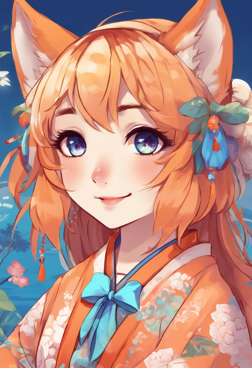 wolf girl with white orange kimono with some blue details in it
