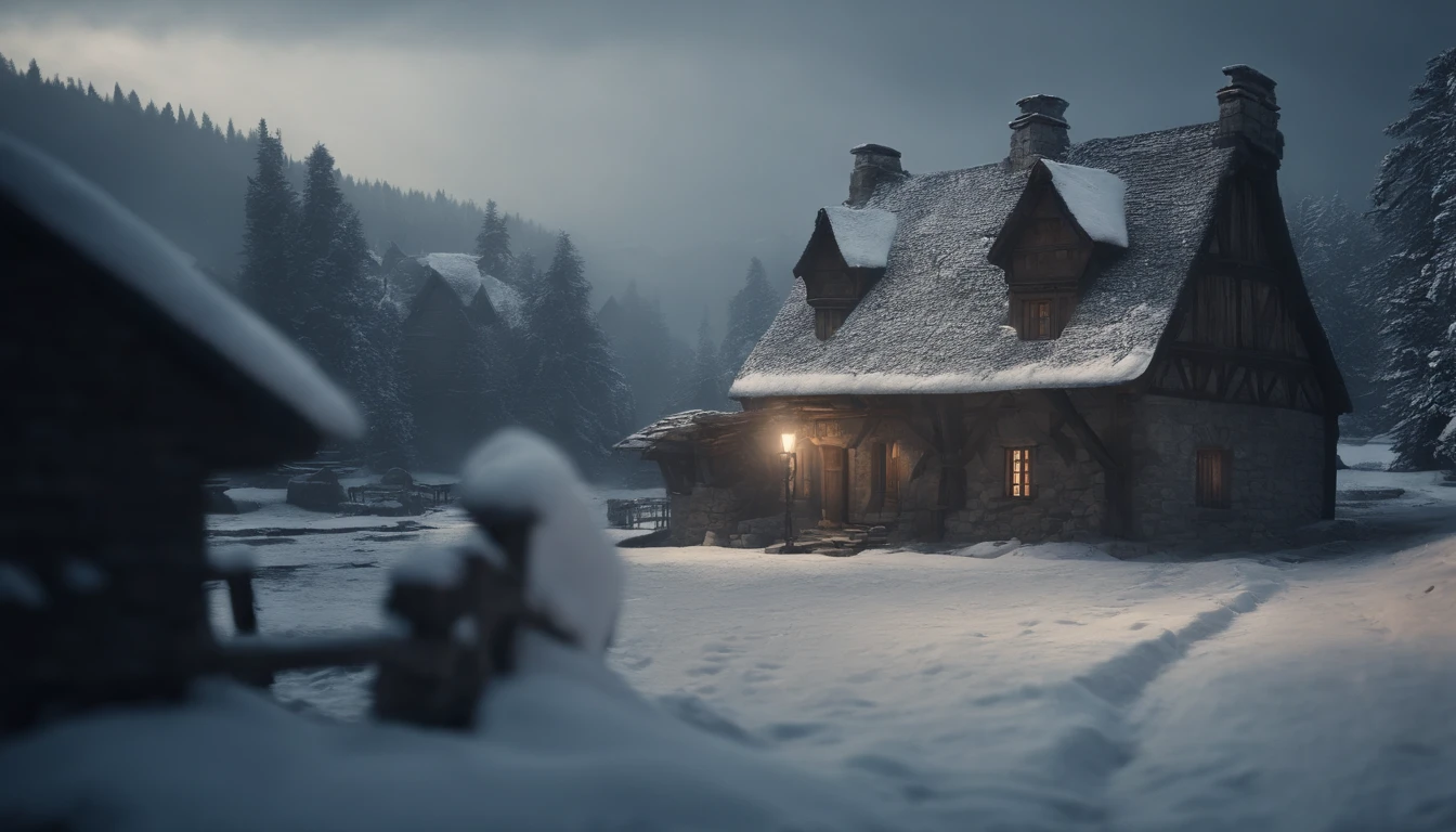 ue,Medieval cityscape,Stone House,snowscape